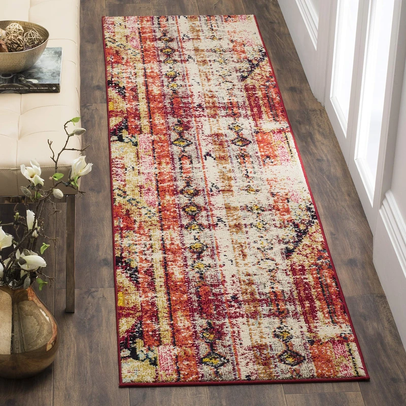 SAFAVIEH Boho Rug for Living Room, Dining Room, Bedroom - Monaco Collection, Short Pile, in Magenta and Multi, 80 x 180 cm