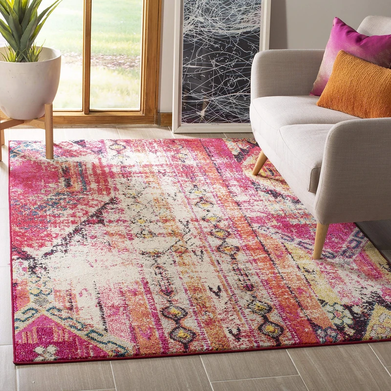 Safavieh Boho Chic Indoor Woven Rectangle Area Rug, Monaco Collection, MNC222, in Magenta/Multi, 155 X 231 cm for Living Room, Bedroom or Any Indoor Space