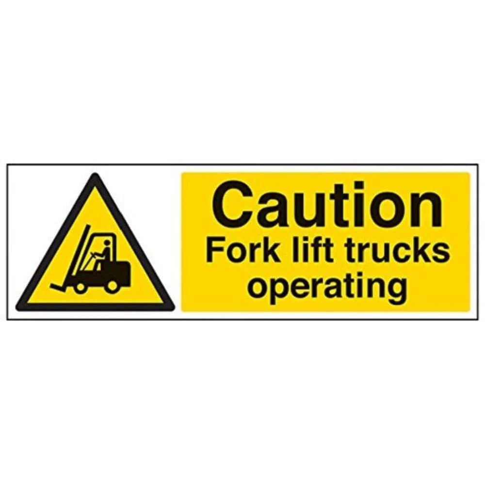 V Safety Caution Fork Lift Trucks Operating Warning Sign - 450mm x 150mm - Self Adhesive Vinyl