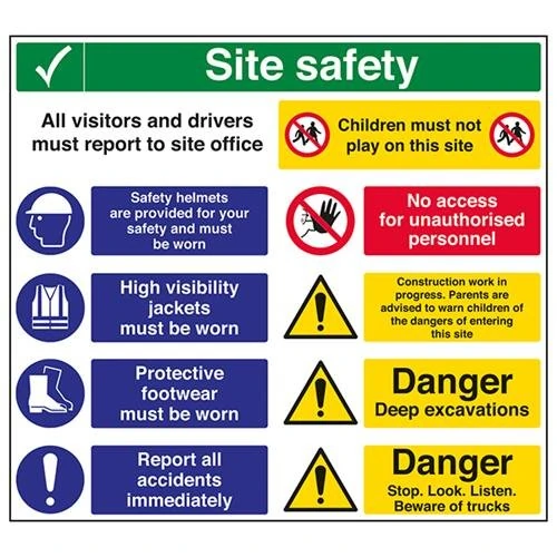 Vsafety Multi Hazard Site Safety Warning Sign - 775mm x 700mm - 2mm Rigid Plastic