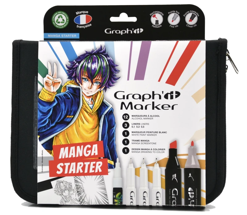 GRAPH'IT Essentiels Manga Marker Pen Kit with 12 Alcohol Markers for Manga Drawing and Illustration, Fine and Chisel Tip, 3 Black Liners, 1 White Marker Pen + 1 Manga Weft A6