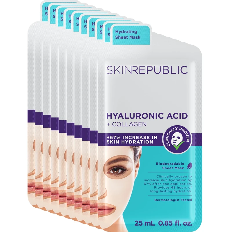 Skin Republic Hyaluronic Acid & Collagen Hydrating Face Mask | Pack of 10 | Helps With Fine Lines And Wrinkles | For Long Lasting Hydration & Younger Looking skin