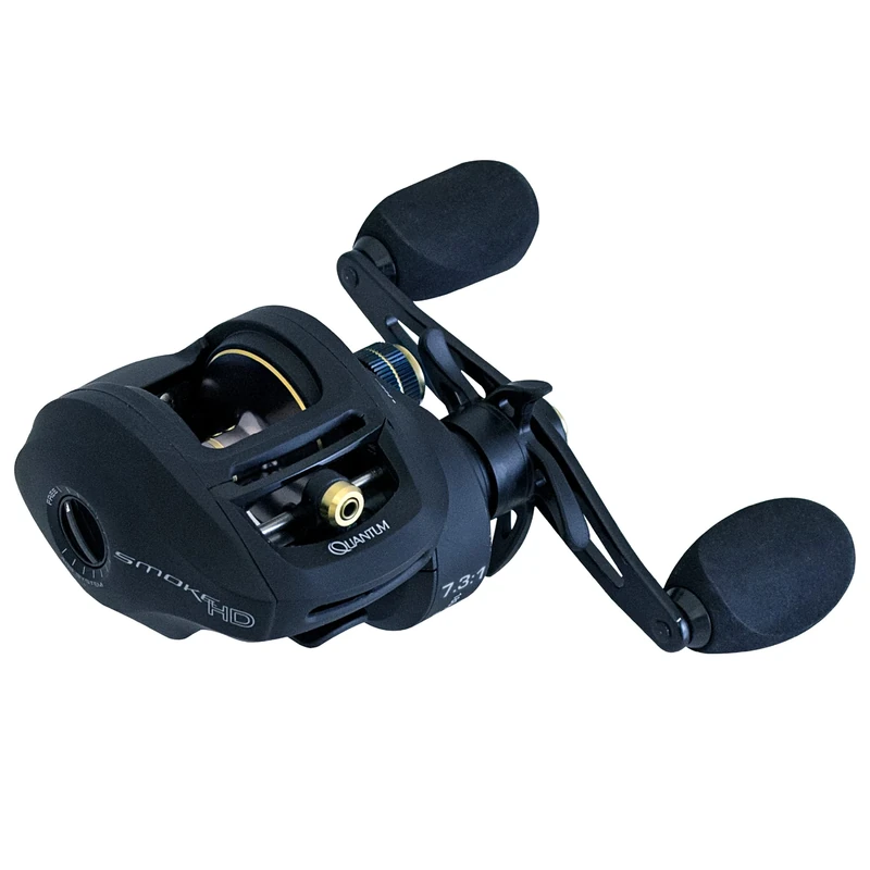 Quantum Smoke HD Baitcast Fishing Reel, Size 200 Reel, Left-Hand Retrieve, Continuous Anti-Reverse Clutch, Large EVA Handle Knobs, 7.3:1 Gear Ratio, Black