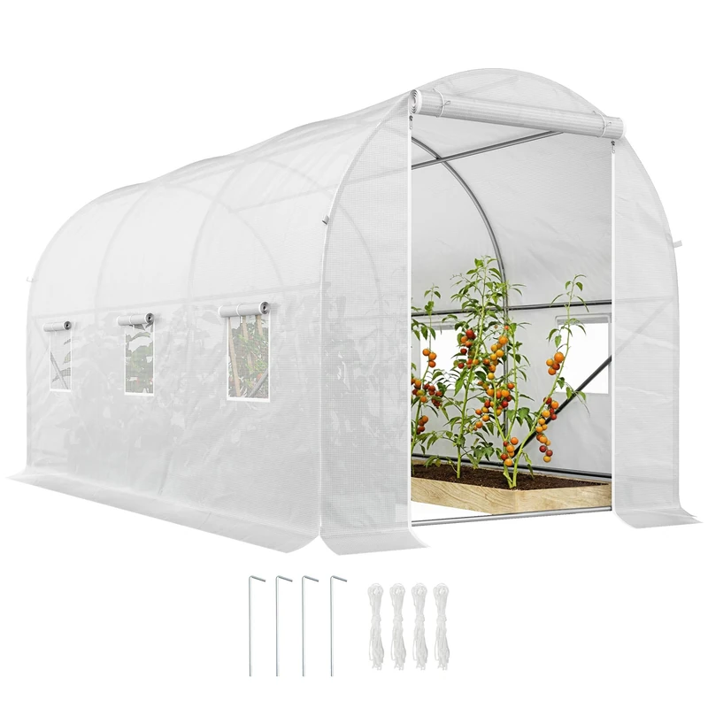 Outsunny 3.5 x 2 x 2 m Polytunnel Greenhouse, Walk-in Green House for Garden with Mesh Windows, Galvanised Steel Frame, White - Image 1
