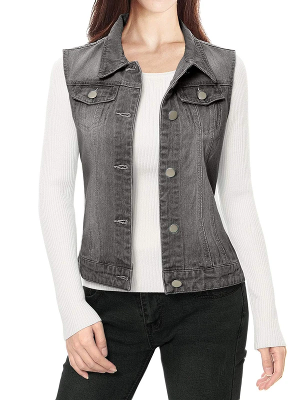 Allegra K Women's Buttoned Washed Denim Vest Jacket W Chest Flap Pockets Gray L