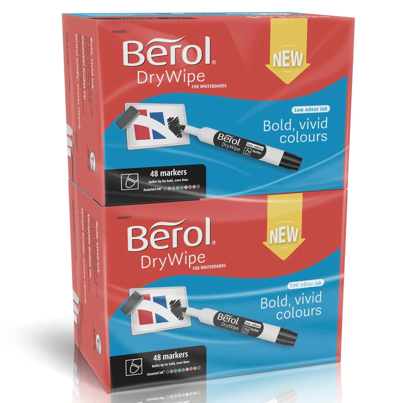 Berol DryWipe Whiteboard Marker Pens | Bullet Tip | Assorted Colours | Low-Odour Ink | 96 Dry Erase Markers
