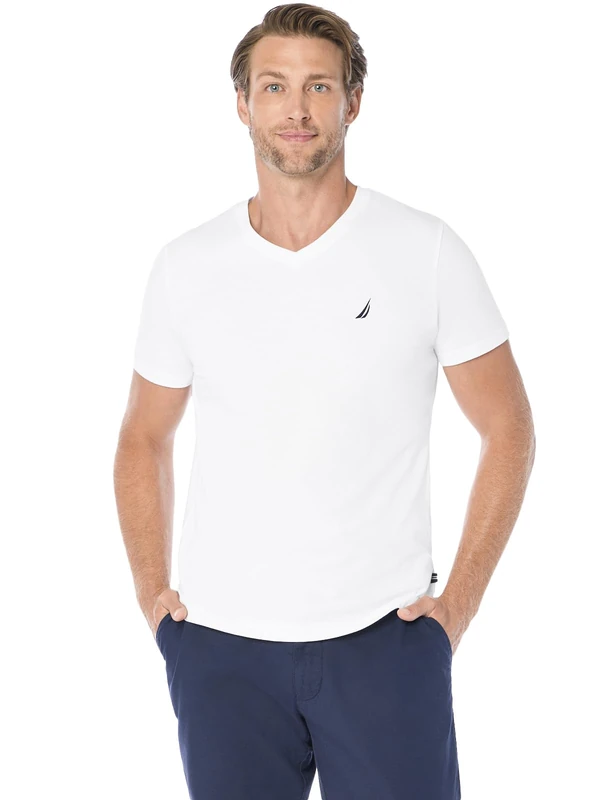 Nautica Men's Short Sleeve Solid Slim Fit V-Neck T-Shirt, Bright White, S