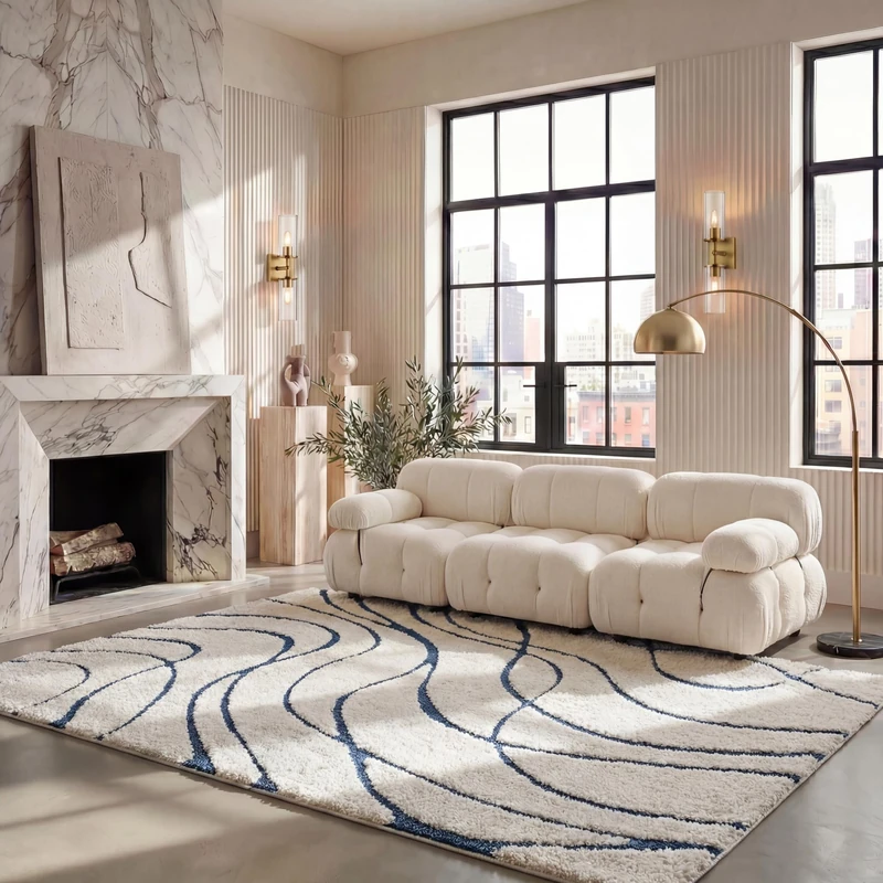 SAFAVIEH Shag Rug for Living Room, Dining Room, Bedroom - Florida Shag Collection, High Pile, in Cream and Blue, 244 X 305 cm