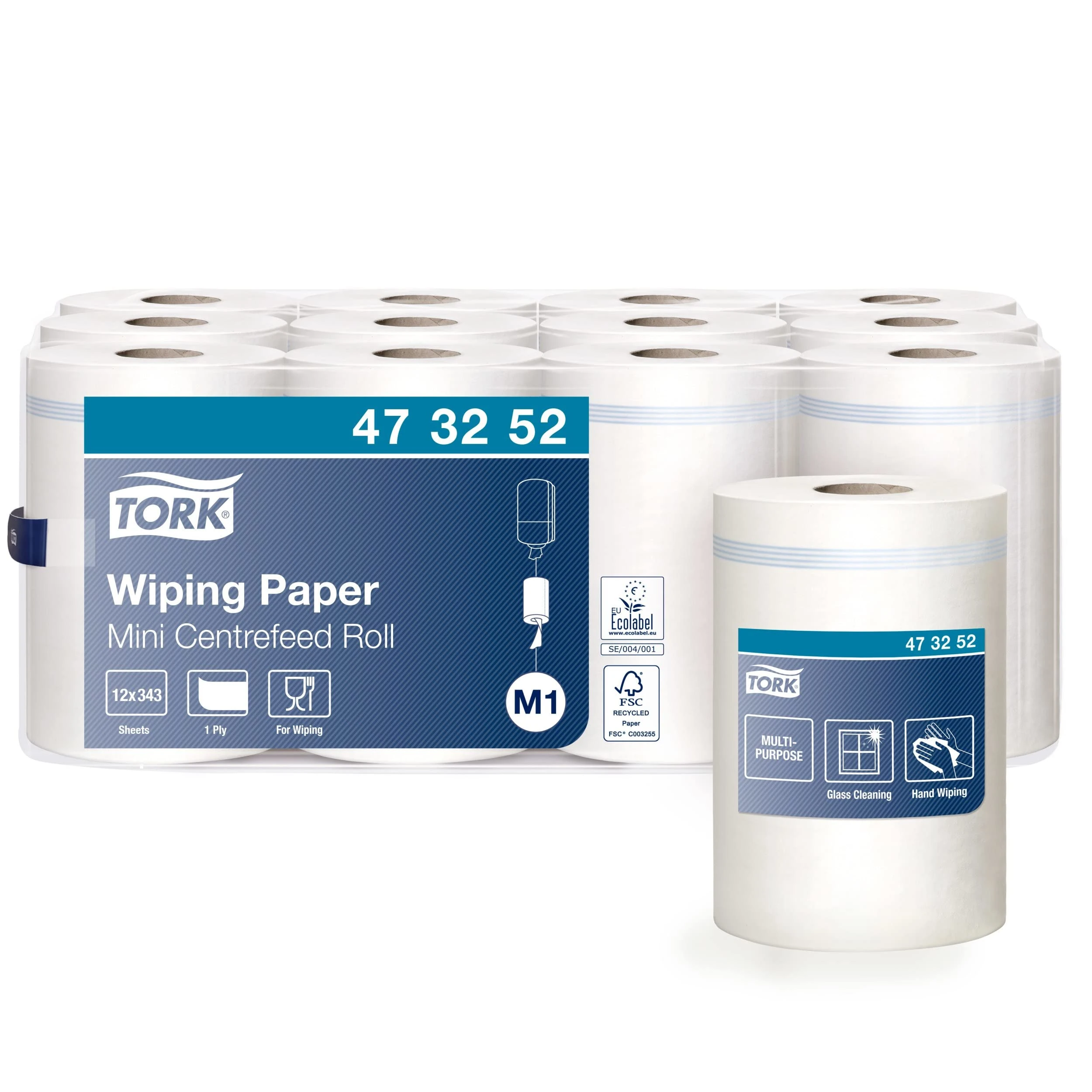 Tork 473252 Wiping Paper Advanced / Strong Absorbent Paper Roll Compatible with Tork M1 Mini Centrefeed System (After Core Removal), 1 x 12 Rolls (12 x 120 m)