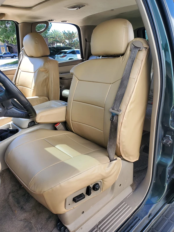 Iggee 2000-2002 Chevy Silverado Artificial Leather Custom Made Original fit Front Seat Covers & 2 Armrest Covers… (Beige) - Image 1