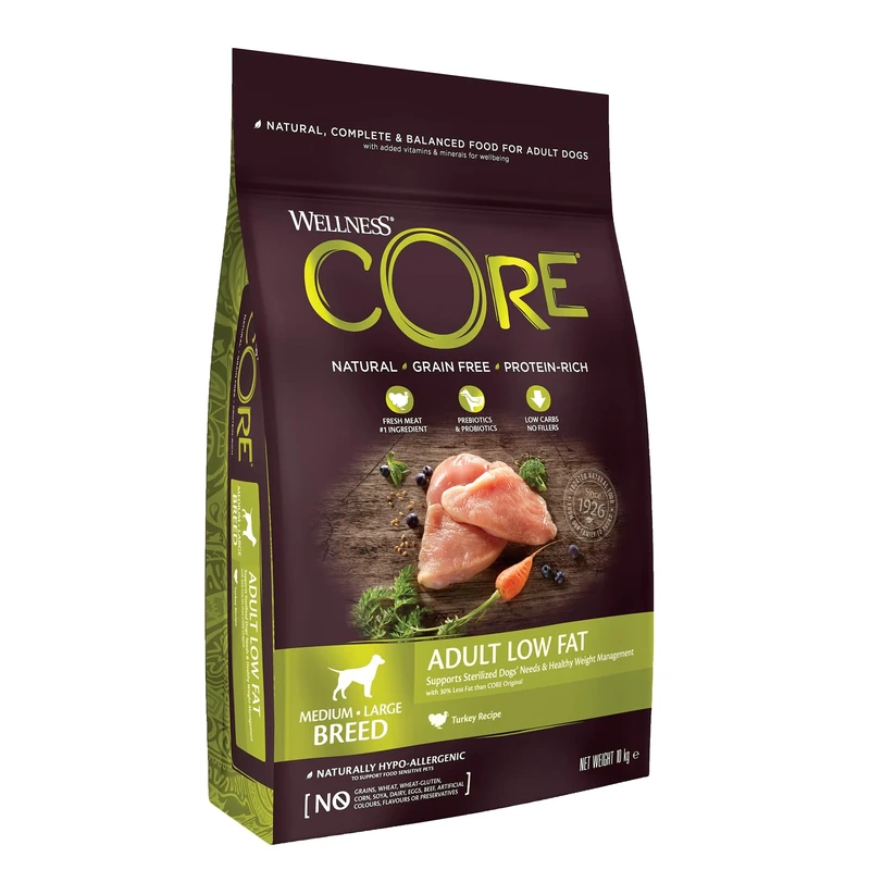 Wellness CORE Low Fat 10 kg, Turkey – Dry Dog Food for Medium to Large Breeds, Grain-Free, Natural, Hypoallergenic, Protein-Rich, High Meat Content, Supports Healthy Weight Management