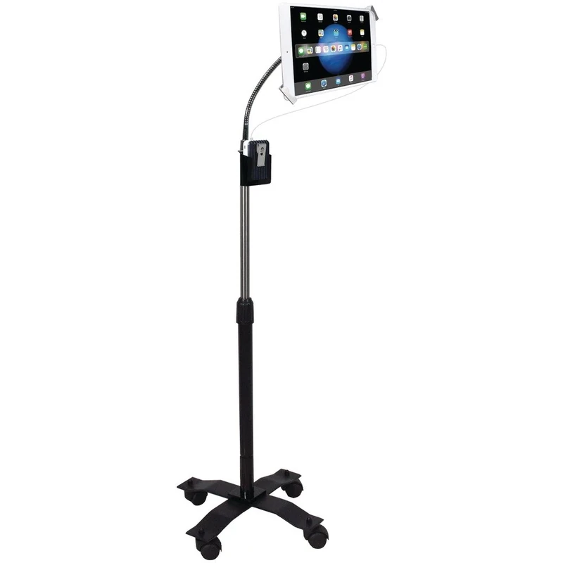 Height-Adjustable, Rotating Floor Stand with Security System, Gooseneck, Attachable Casters for 7-13" Tablets - Including iPad Pro, Mini