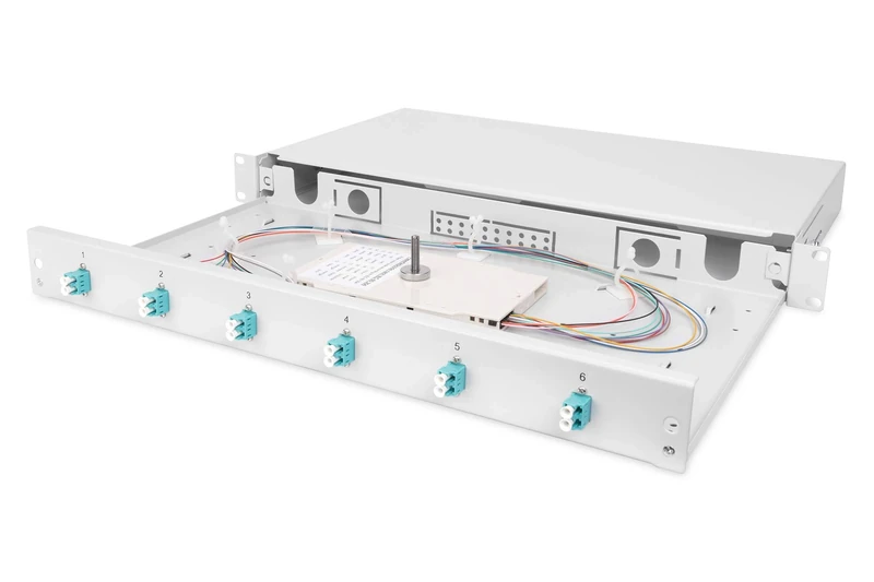 DIGITUS Professional LWL Splice Box, LC (OM3), 1U, Extendible, Equipped with 6x LC, Coloured Pigtails, M20/M25 Screw Connection, Cassette, Cassette Cover, Strain Relief, Grey (RAL 7035) - Image 1