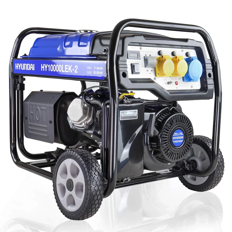 Hyundai 8kW / 10kVA Petrol Open Frame Site Generator, Electric & Recoil Start, AVR Alternator, Low Noise Portable Generator with Wheel Kit, 3 Year Warranty