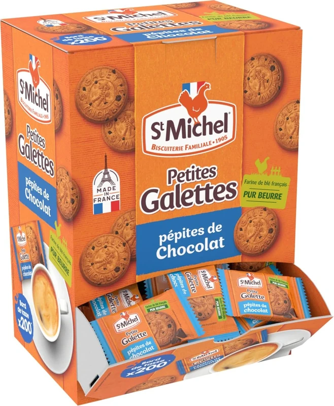 St Michel - Small Pure-Butter & Chocolate Chips French Galettes - Coffee Side, Individually Wrapped - Petites Galettes tout au Beurre & aux Pépites de Chocolat - 200 Pieces Dispenser - 700g