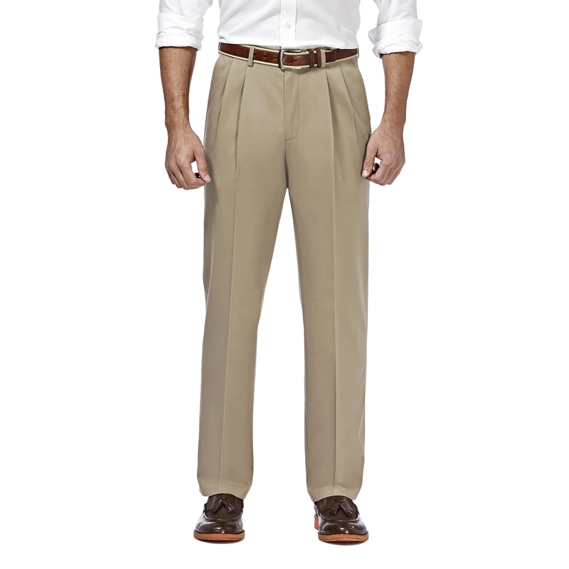 Haggar Men's, Non-Iron, Expandable Trousers. اоر Classic اLLE LEN LER LLE LES 11 1 1 Ll l fit Stretchy Waistband Pleated Skirt Front Casual Pants, Khaki, 36 W/30 L
