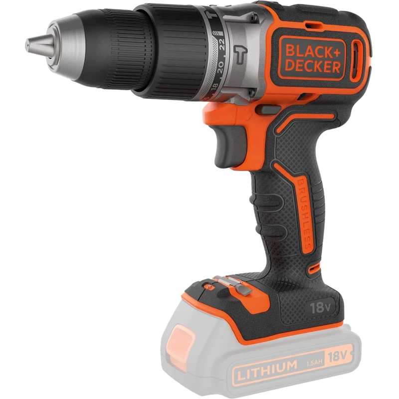 BLACK+DECKER 18V Cordless Brushless 2 Gear Hammer Drill, High Performance with 28,050 BPM, 52Nm Torque, 2 Speed Settings for Wood and Steel Drilling, Bare Tool, BL188N-XJ