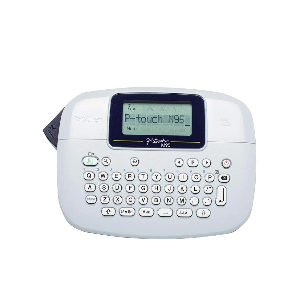 Brother PT-M95 Label Maker, P-Touch Label Printer, Handheld, QWERTY Keyboard, Up to 12mm Labels, Includes 12mm Black on White Tape Cassette