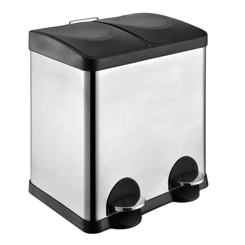 Amig - Double Recycling Bin with Pedals Mod. RECIK2 - Anti-smudge Kitchen Bin - Stainless Steel - 2 Compartments x 15 L - 48 x 32 x 40 cm - Silver and Black