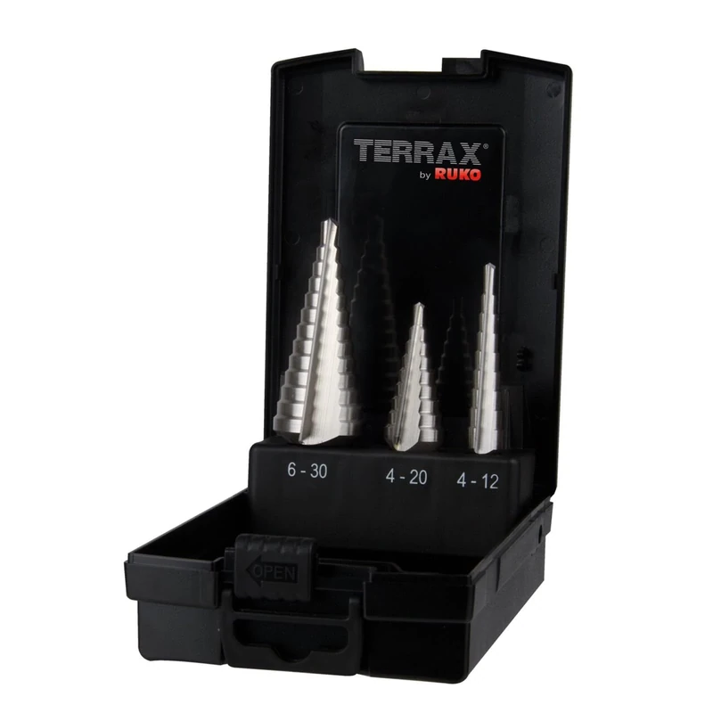 Terrax by Ruko A101126RO 3-piece Step Drill Set, HSS Straight grooved, in Sizes 0/9, 1, 2 in Sturdy, Practical Plastic case, 1 piece, A101126RO