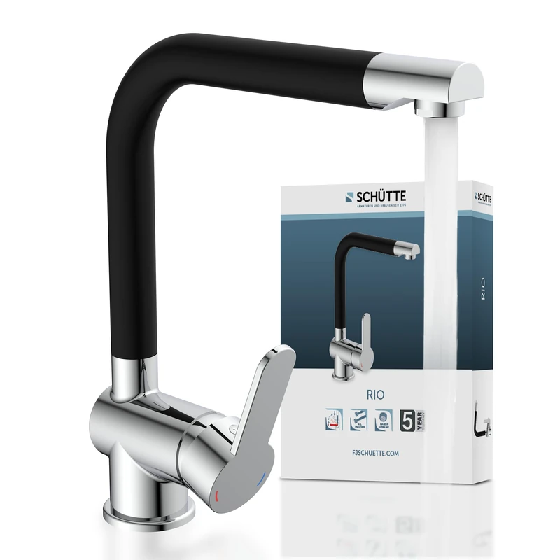 SCHÜTTE Rio 79856 360° Swivel Kitchen Tap with High Spout Kitchen Single Lever Mixer Tap for The Sink Chrome/Black