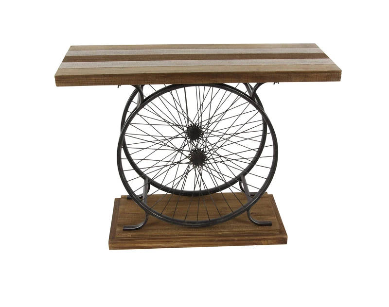 Deco 79 Wood Bike Wide Slatted Top Console Table with Dual Wheel Frame and Tiered Base, 39 Inch x 12 Inch x 25 Inch, Brown