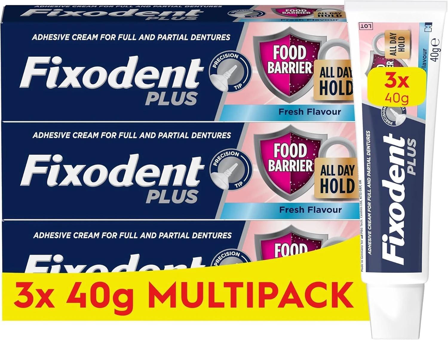 Fixodent Plus Food Barrier Denture Adhesive, Fresh Flavour 40g x 3 Multipack