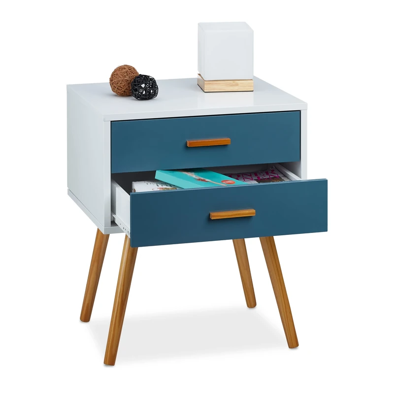 Relaxdays Nightstand in Scandinavian Design, 2 Drawers, Retro, HWD: 58 x 41 x 48 cm, Matt Lacquered, Turquoise White