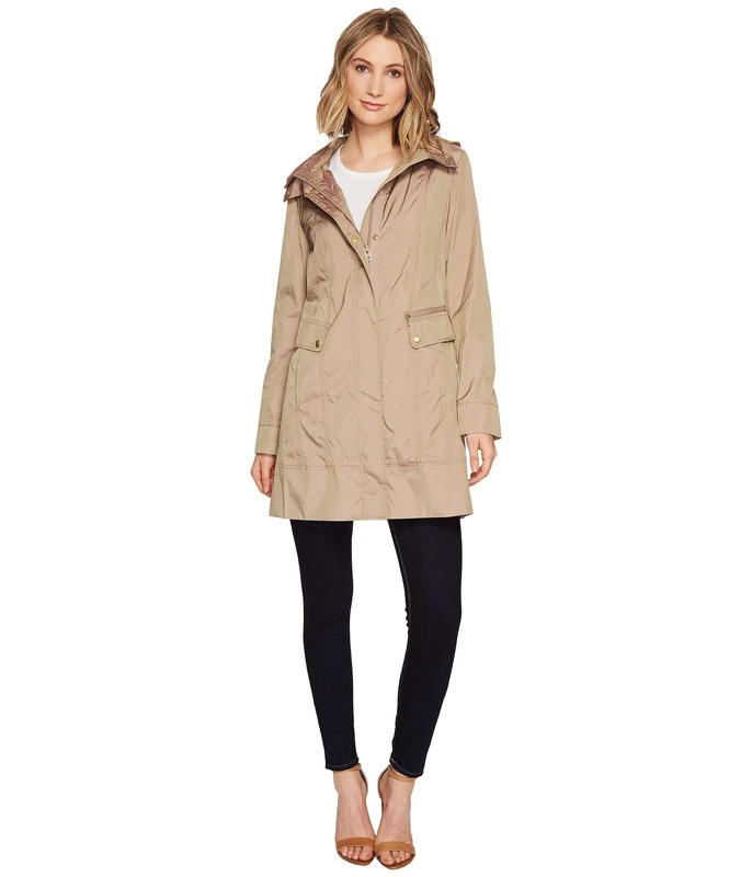 Cole Haan Women's Packable Hooded Rain Jacket with Bow (Standard and Plus Size), Champagne, L