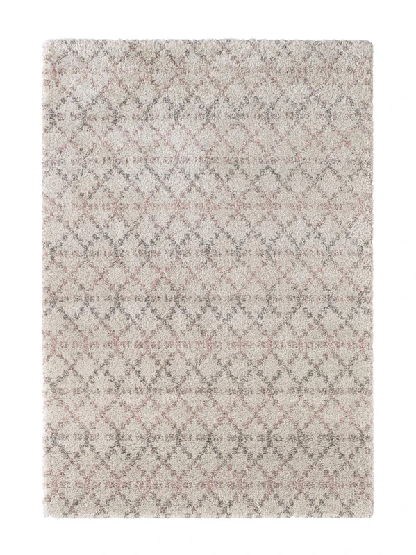 Cameo High Pile Living Room Rug Soft Fluffy Long Pile Shaggy Flokati Geometric Pattern for Living Room Kitchen Hallway or Bedroom Cream Pink 80 x 150 cm