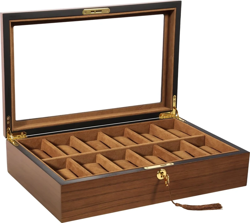 Uten Watch Box 12 Slots, Solid Wood Watch Case, Watch Display Storage Box with Golden Lock and Key, Removable Watch Cushions, Imitation Suede Lining, Gift Idea for Men and Women
