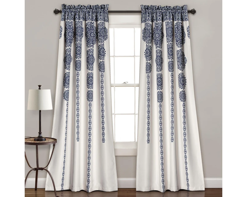 Lush Decor Fabric Mandala Bohemian Damask Print Room Darkening Window Panel Set for Living, Dining, Bedroom (Pair), Polyester, Navy, 52" W x 84" L (Pack of 1)