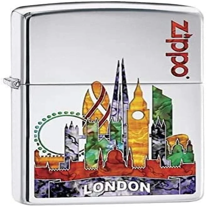Zippo Windproof Lighter - London Skyline - Silver - High Polish Chrome Finish - Colour Image - Refillable - Reusable - Gift Box - Made in USA