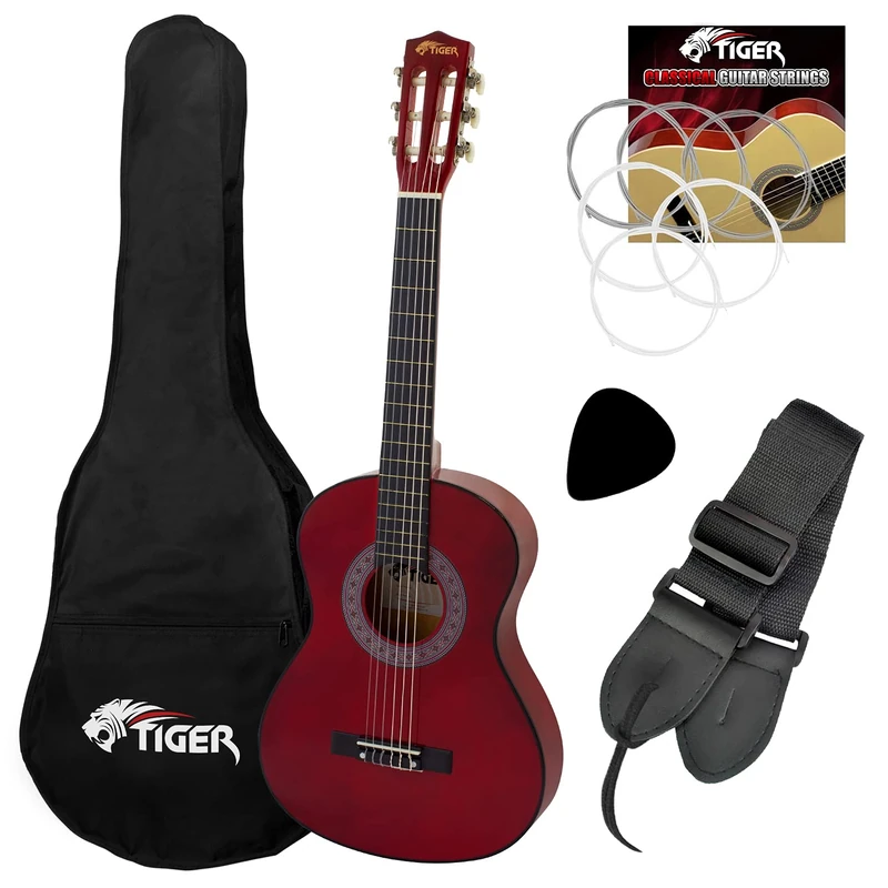 Tiger Left Handed 3/4 Red Classical Spanish Guitar Package