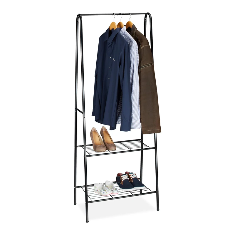 Relaxdays Coat Rack with Shoe Storage SANDRA, Metal, Wide, Clothes Rail, 2 Shelves, HxWxD: 160 x 61.5 x 38 cm, Black