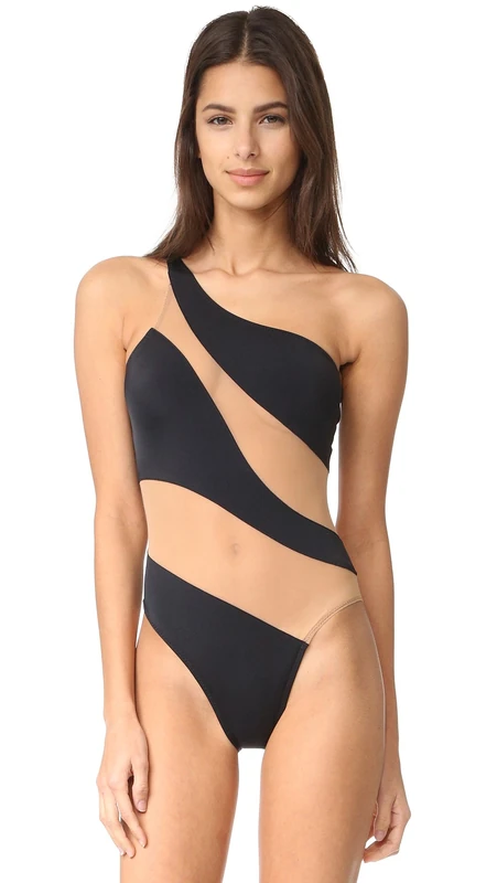 Norma Kamali Women's Snake Mio One Piece Swimsuit, Black with Nude Mesh, Small - Image 1