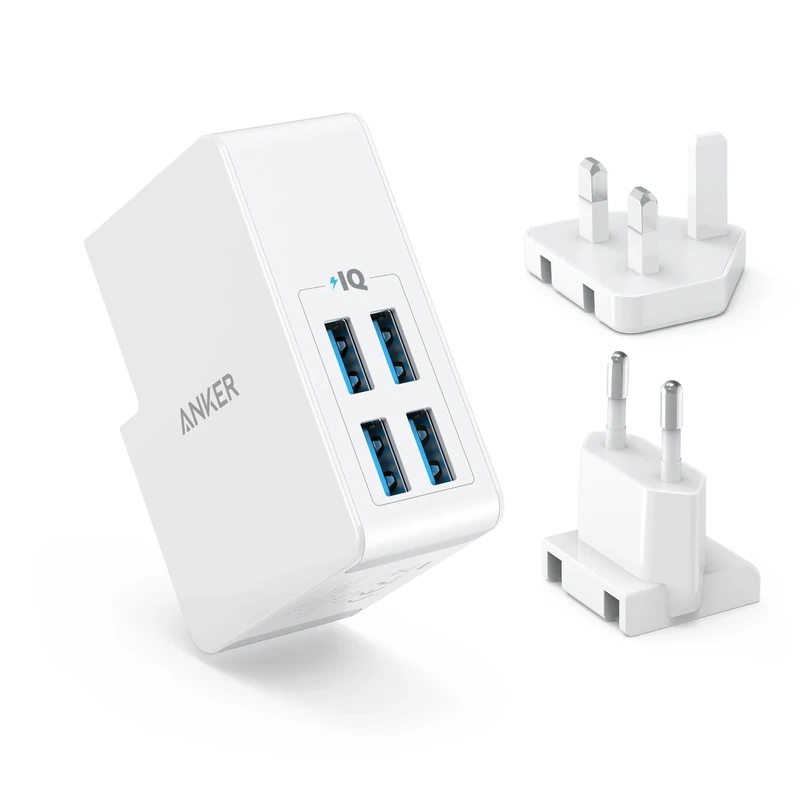 Anker USB Plug 5.4A/27W 4-Port, Wall Charger, PowerPort 4 Lite with Interchangeable UK and EU Travel Charger, Adapter for iPhone XS/XS Max/XR/X/8,Galaxy S8/Note 3,iPad Air 2/mini 3,and More