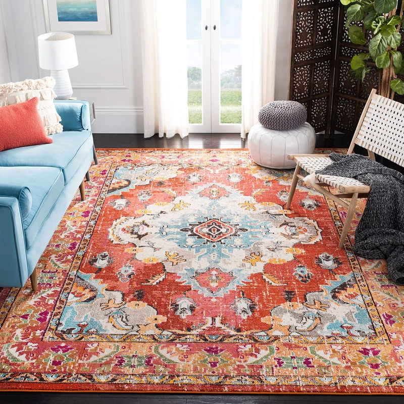 Safavieh Boho Rug for Living Room, Dining Room, Bedroom - Monaco Collection, Short Pile, in Orange and Light Blue, 152 x 152 cm