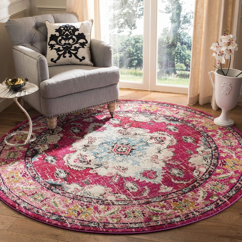 SAFAVIEH Monaco Collection MNC243D Bohemian Chic Medallion Distressed Area Rug, 6' 7" Round, Pink/Multi