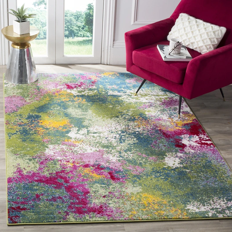 Safavieh Abstract Rug for Living Room, Dining Room, Bedroom - Watercolor Collection, Short Pile, in Green and Fuchsia, 122 X 183 cm