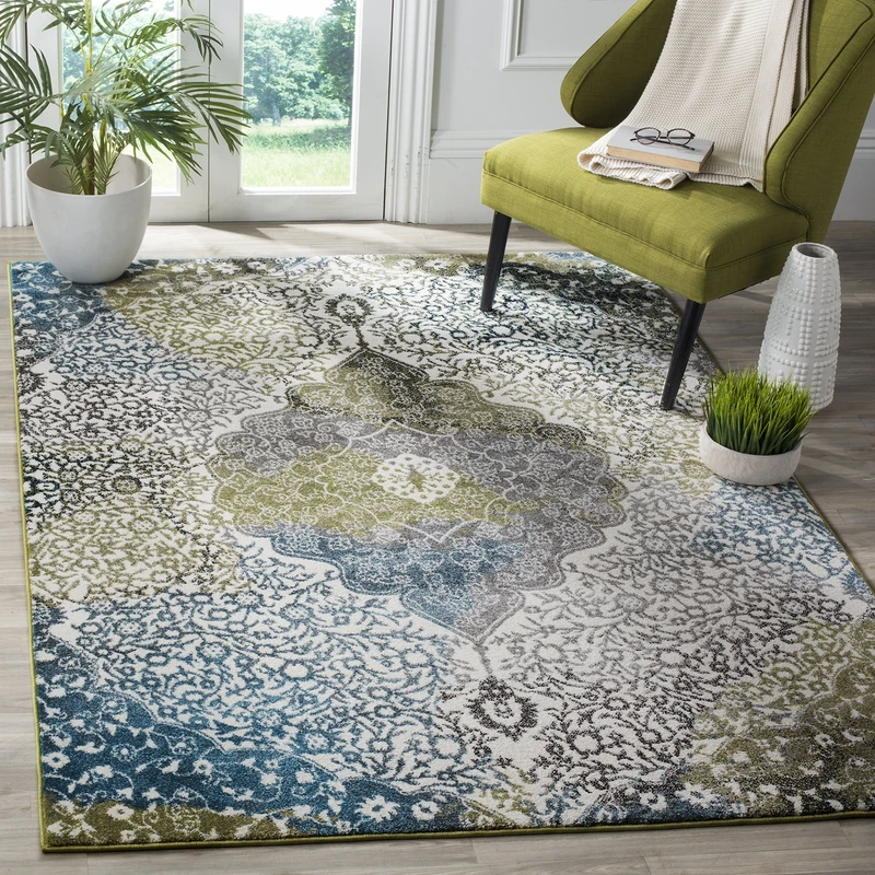 Safavieh Abstract Indoor Woven Rectangle Area Rug, Watercolor Collection, WTC672, in Ivory/Peacock Blue, 122 X 183 cm for Living Room, Bedroom or Any Indoor Space