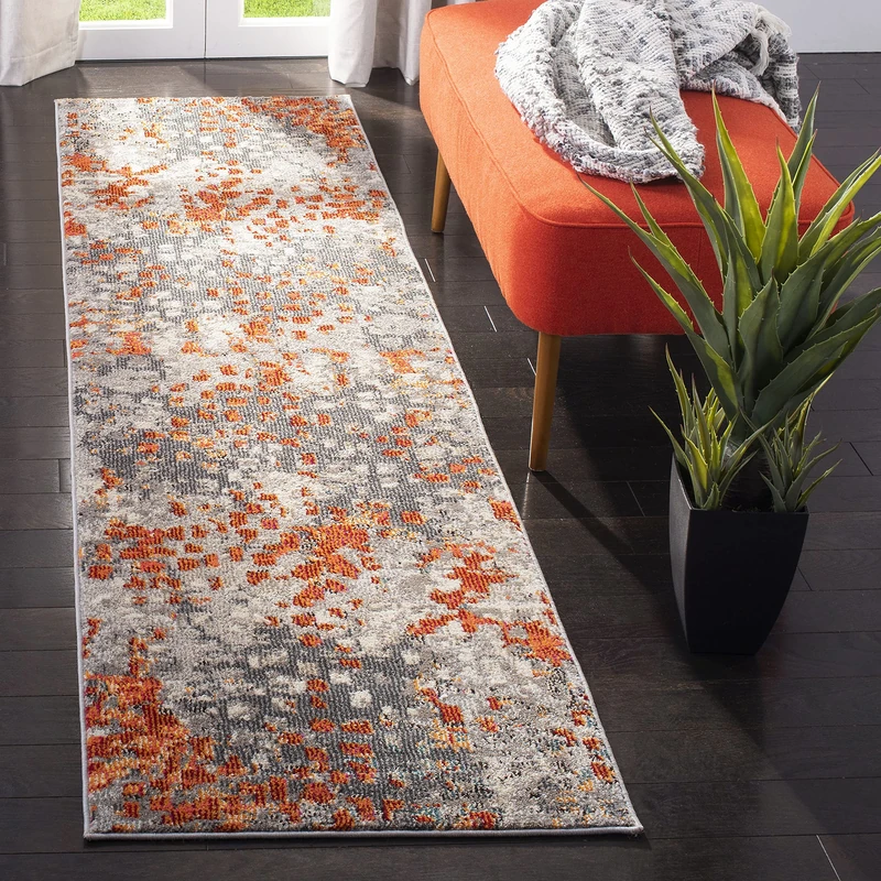SAFAVIEH Boho Rug for Living Room, Dining Room, Bedroom - Monaco Collection, Short Pile, in Grey and Orange, 80 x 180 cm