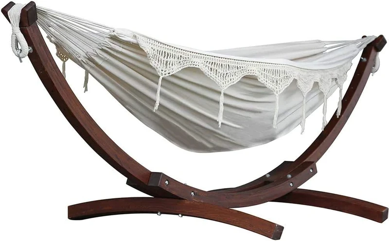 Vivere C8SPCT-00 Double Cotton Hammock with Solid Pine Arc Stand-Natural, 254x117x104 cm
