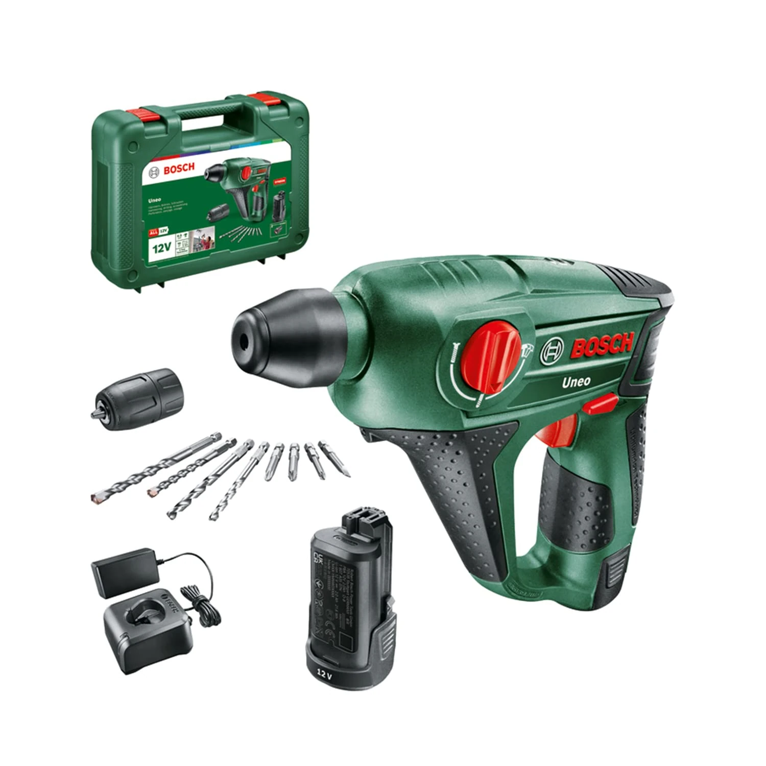 Bosch Uneo SDS-Quick-Akku-Bohrhammer 12 V 2,0 Ah Li-Ion incl. 2. rechargeable battery incl. Zubehör, incl. suitcase