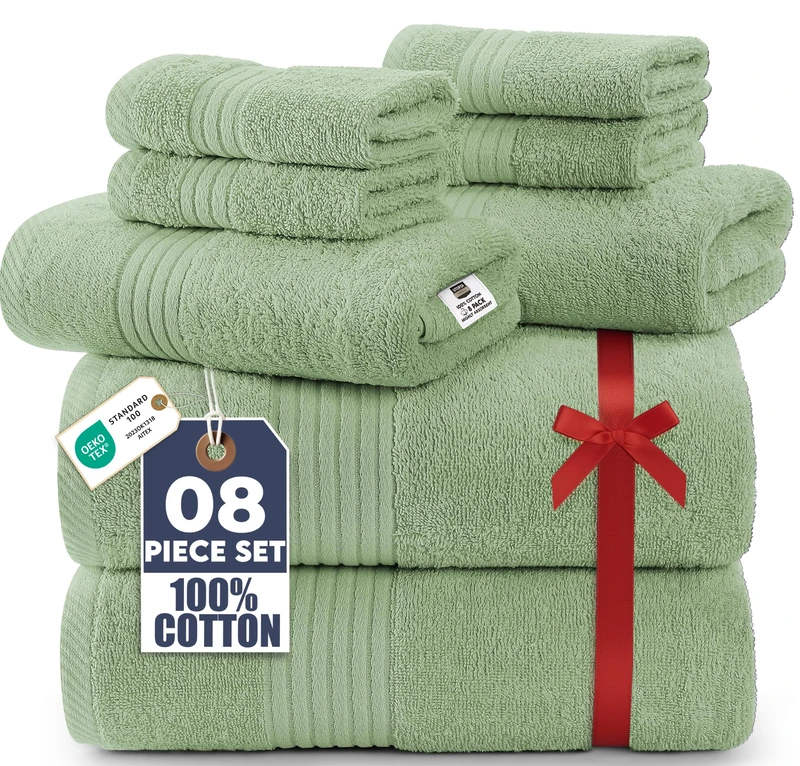 Utopia Towels 8-Piece Premium Towel Set, 2 Bath Towels, 2 Hand Towels, and 4 Wash Cloths, 100% Ring Spun Cotton Highly Absorbent Towels for Bathroom, Sports, and Hotel (Sage Green)
