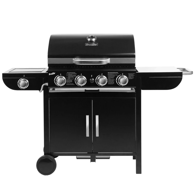 Bruzzzler 4 + 1 gas grill, professional grill station for BBQ, smoking and grilling, 4 burners plus side gas cooker, grill trolley, removable drip tray, thermometer, electric starter, Black