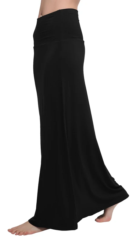 Urban CoCo Women's Stylish Spandex Comfy Fold-Over Flare Long Maxi Skirt - Black - Medium