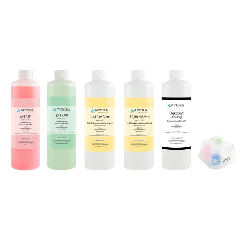 Apera Instruments pH/EC Calibration Solution Kit (pH 7.00, 4.01, 1413 µS, 12.88 mS) plus 3M KCl Storage Solution, 250 ml each & CalBox - Image 1