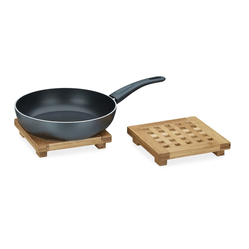 Relaxdays Square Bamboo Set of 2 Pot Holders, Wooden, Size: ca 4 x 20 x 20 cm, Natural