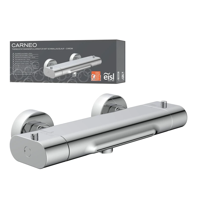 EISL Carneo Bath Mixer Tap with Thermostatic Regulation, Waterfall Spout, Safety Lock at 38°C, Lower Risk of Shock Due to Short Overhang, Chrome